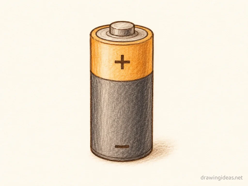 Battery drawing — hand-drawn battery illustration with ink lines and soft colors
