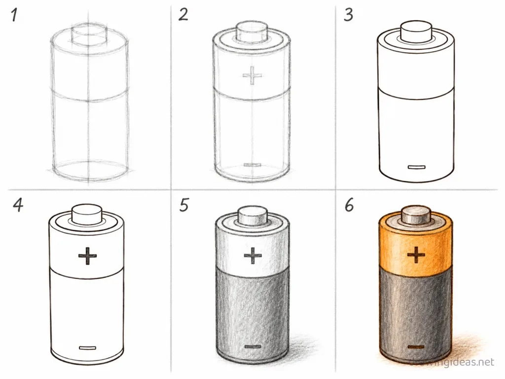 How to draw a battery step by step — 6-step battery drawing tutorial grid