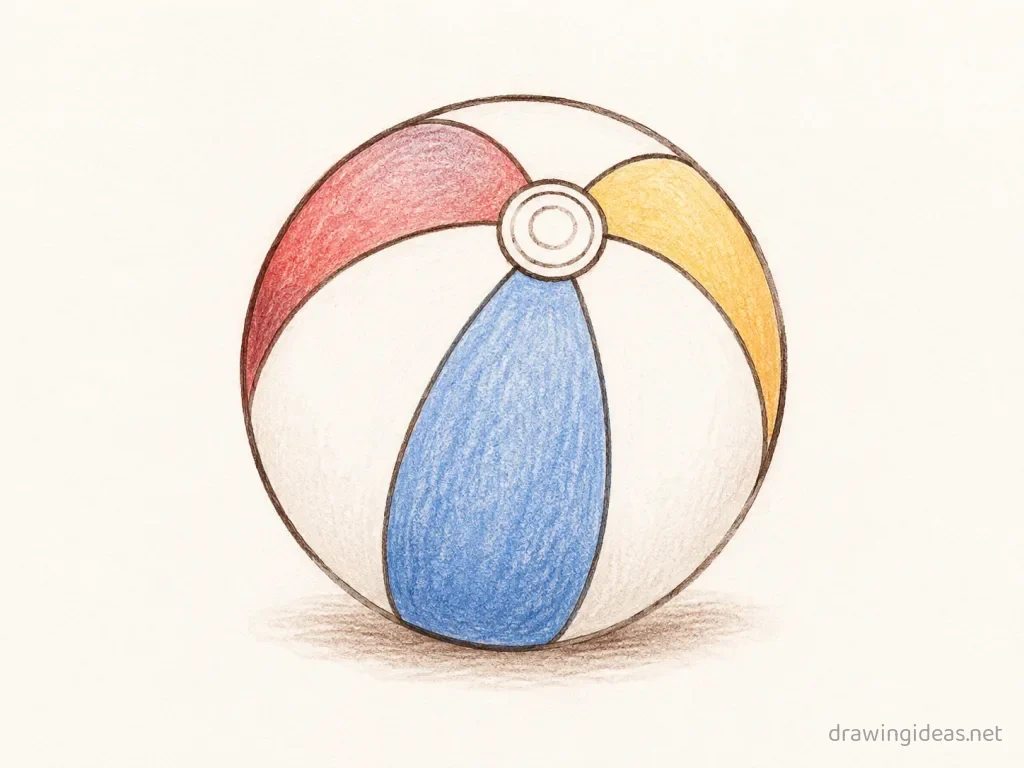 Beach Ball drawing — hand-drawn beach ball illustration with ink lines and soft colors