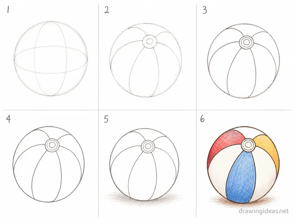 How to draw a beach ball step by step — 6-step beach ball drawing tutorial grid