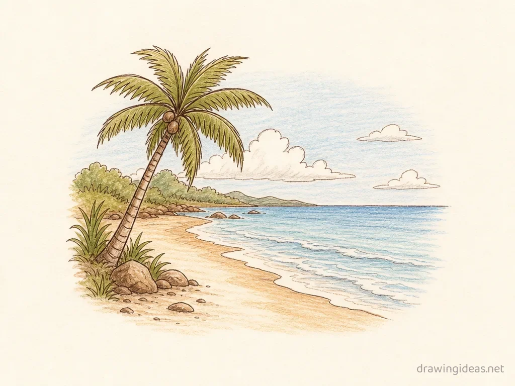 Beach drawing — hand-drawn beach illustration with ink lines and soft colors