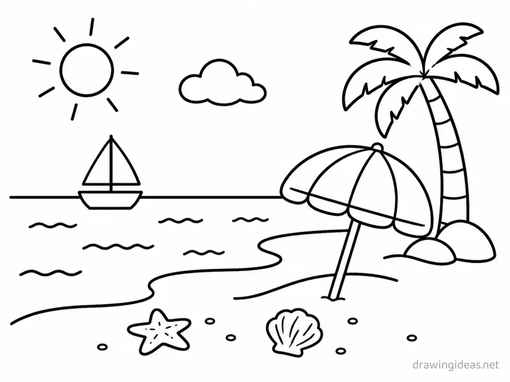 Easy beach drawing — easy style beach sketch
