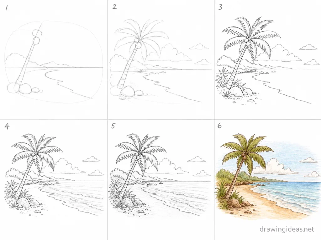 How to draw a beach step by step — 6-step beach drawing tutorial grid