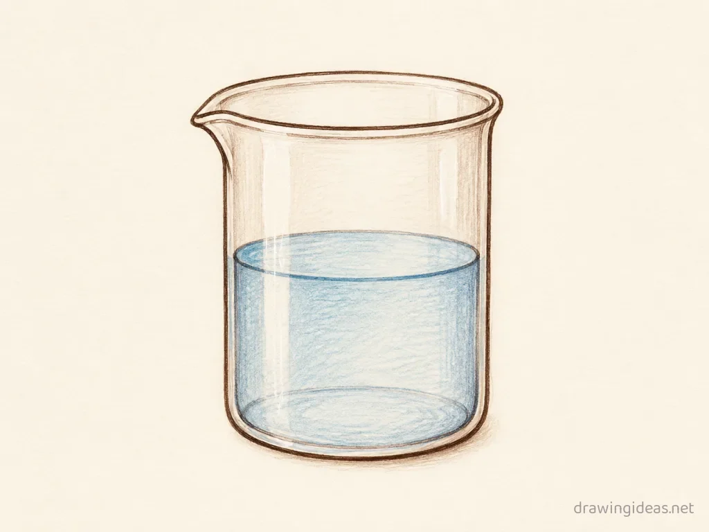 Beaker drawing — hand-drawn beaker illustration with ink lines and soft colors