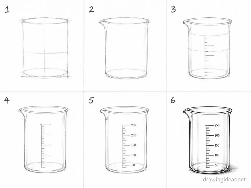 How to draw a beaker step by step — 6-step beaker drawing tutorial grid