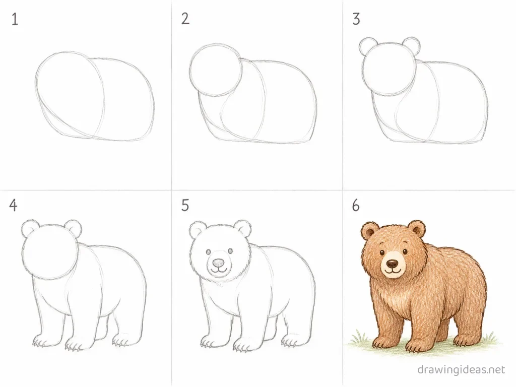 How to draw a bear step by step — 6-step bear drawing tutorial grid