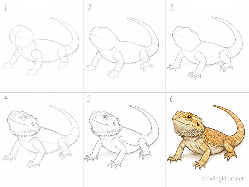 How to draw a bearded dragon step by step — 6-step bearded dragon drawing tutorial grid