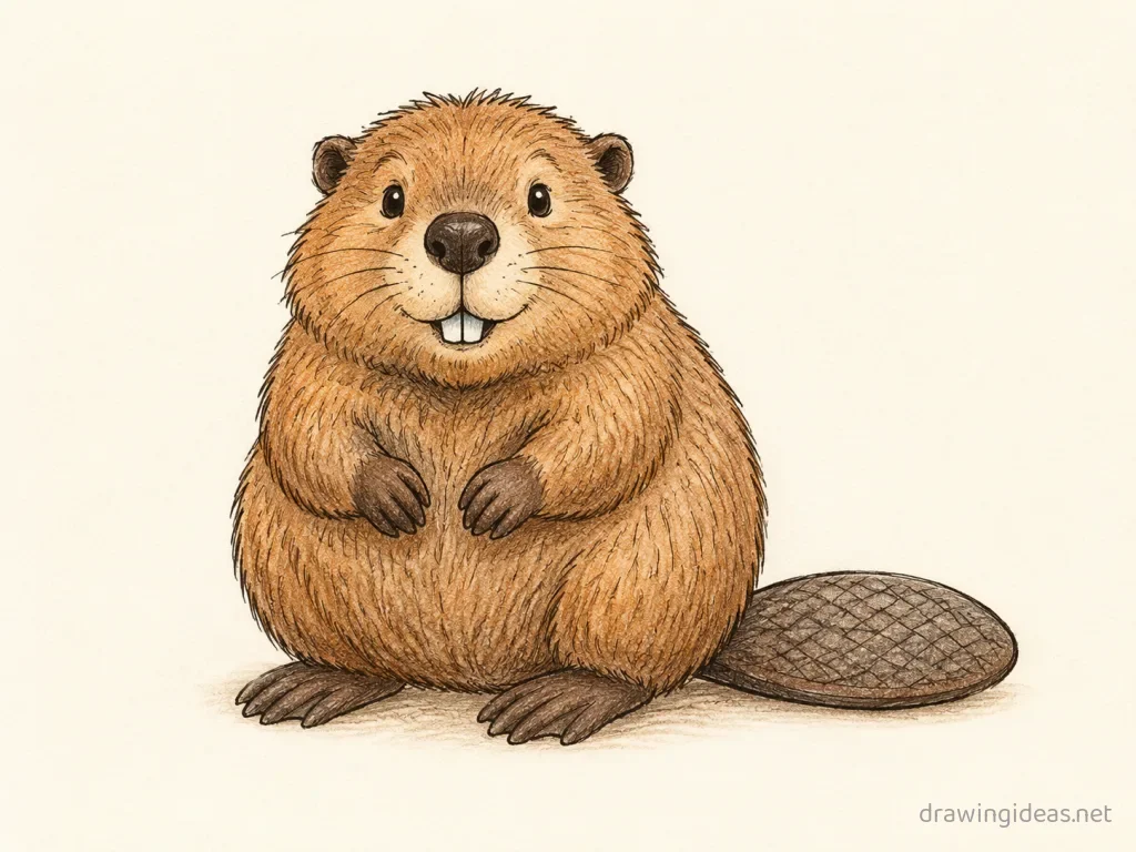 Beaver drawing — hand-drawn beaver illustration with ink lines and soft colors