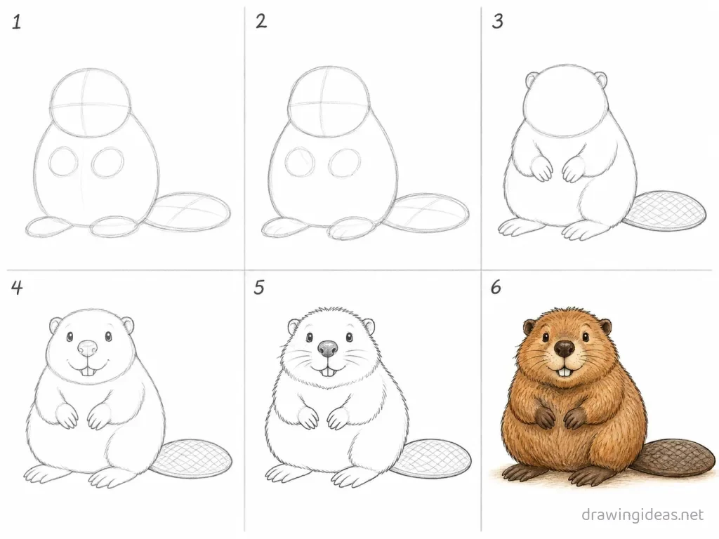 How to draw a beaver step by step — 6-step beaver drawing tutorial grid