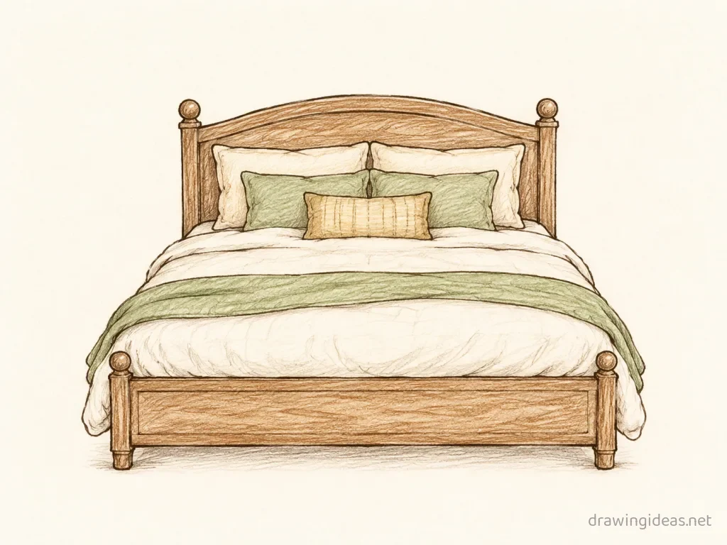 Bed drawing — hand-drawn bed illustration with ink lines and soft colors