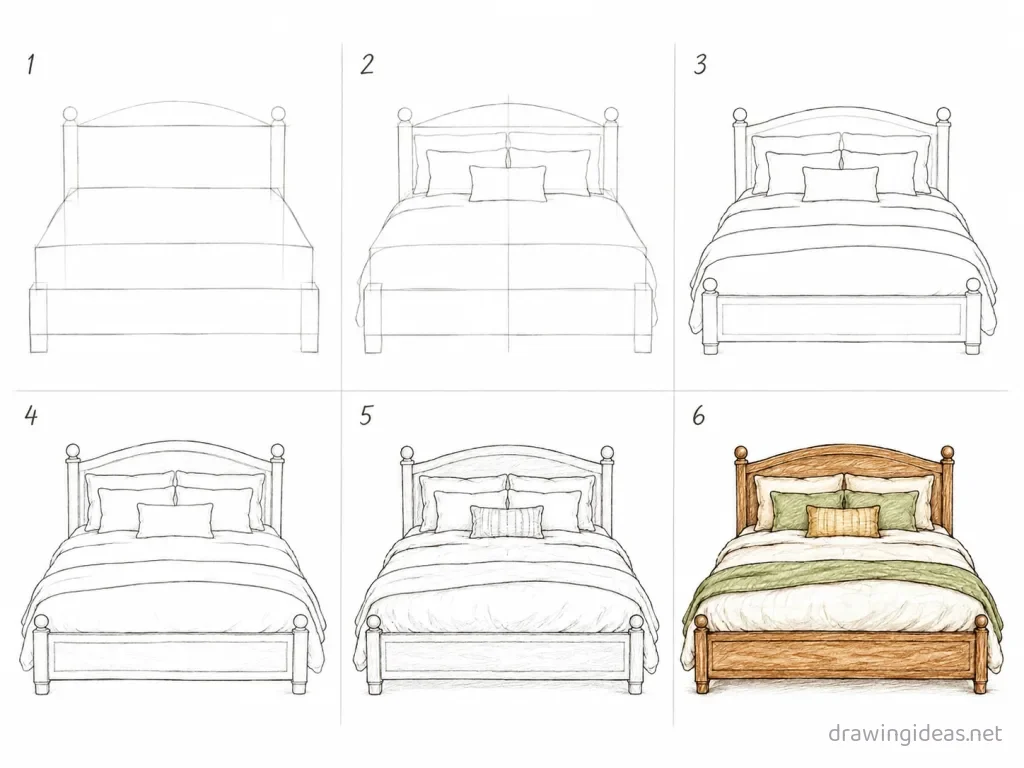 How to draw a bed step by step — 6-step bed drawing tutorial grid