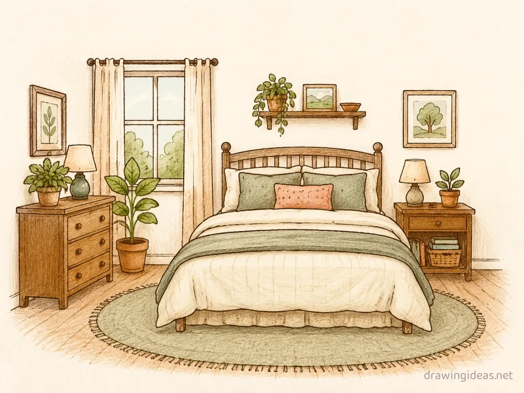 Bedroom drawing — hand-drawn bedroom illustration with ink lines and soft colors