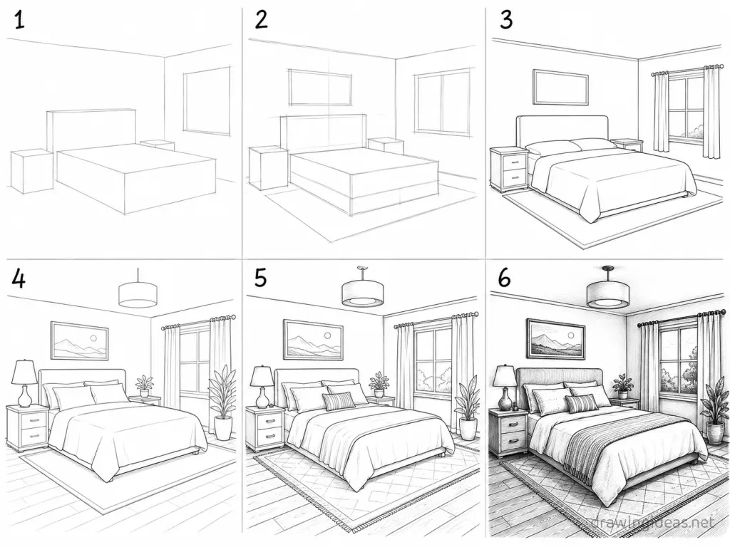 How to draw a bedroom step by step — 6-step bedroom drawing tutorial grid