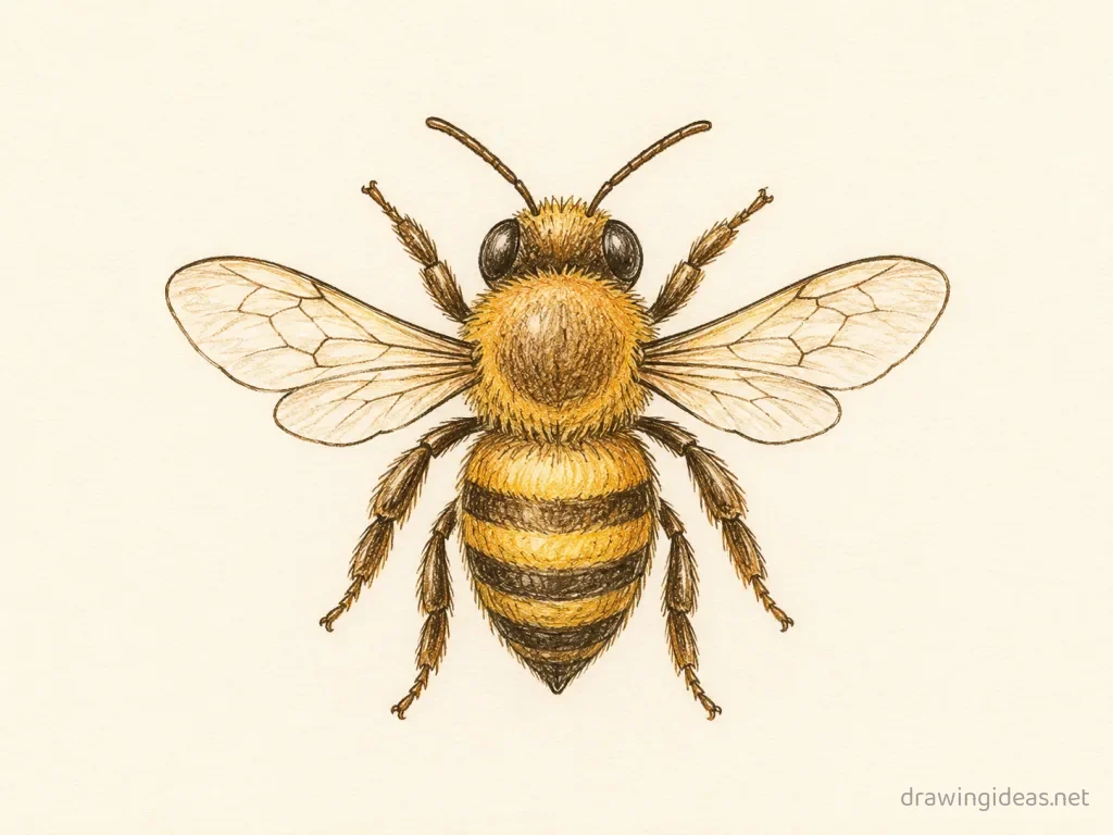 Bee drawing — hand-drawn bee illustration with ink lines and soft colors