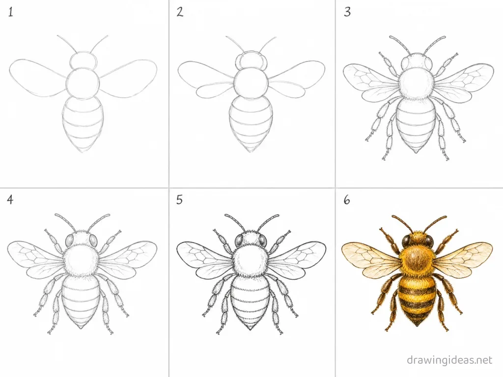 How to draw a bee step by step — 6-step bee drawing tutorial grid