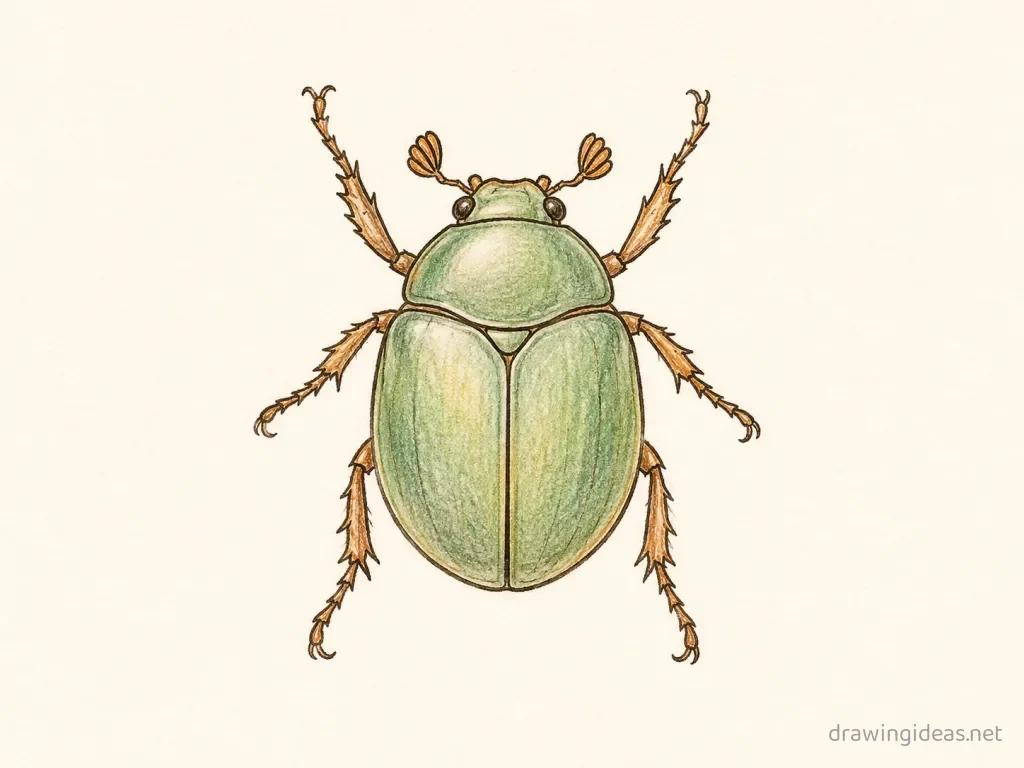 Beetle drawing — hand-drawn beetle illustration with ink lines and soft colors