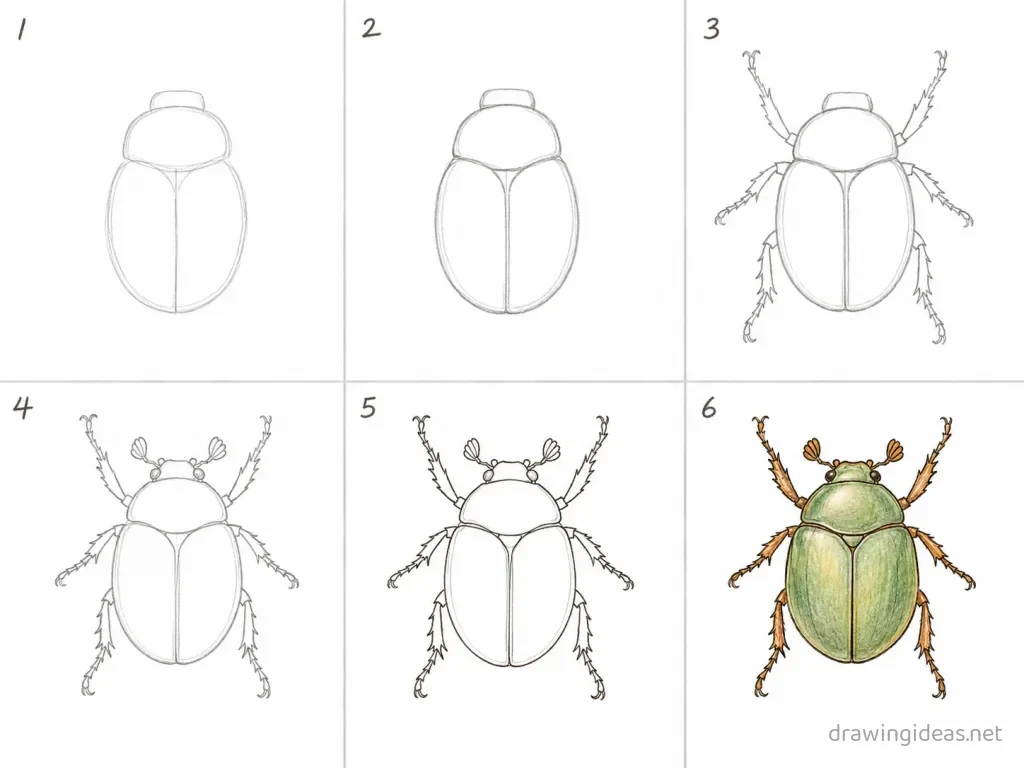 How to draw a beetle step by step — 6-step beetle drawing tutorial grid
