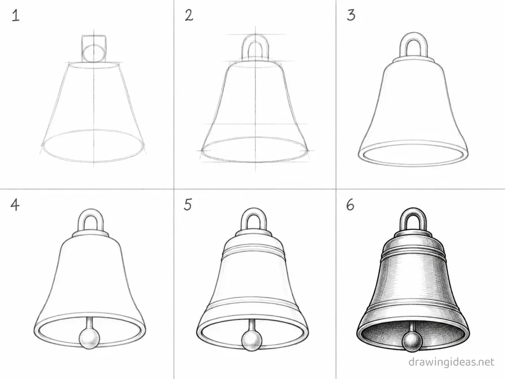 How to draw a bell step by step — 6-step bell drawing tutorial grid