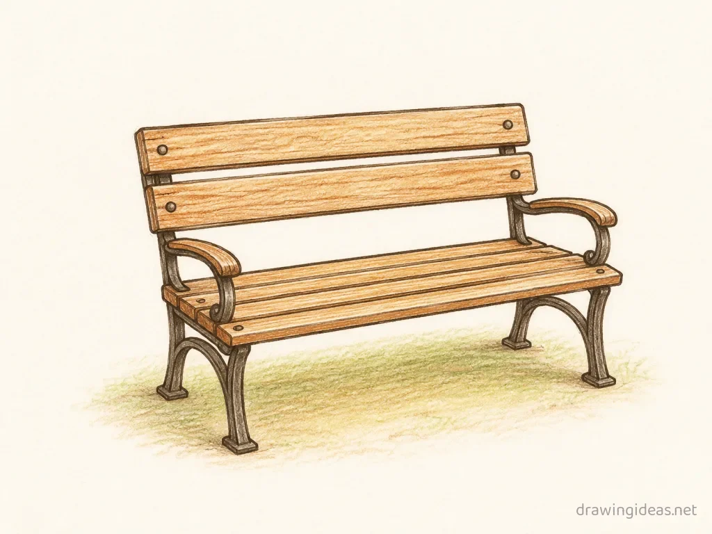 Bench drawing — hand-drawn bench illustration with ink lines and soft colors