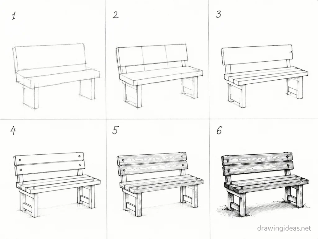 How to draw a bench step by step — 6-step bench drawing tutorial grid