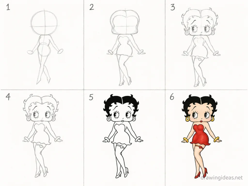 How to draw Betty Boop step by step — 6-step Betty Boop drawing tutorial grid