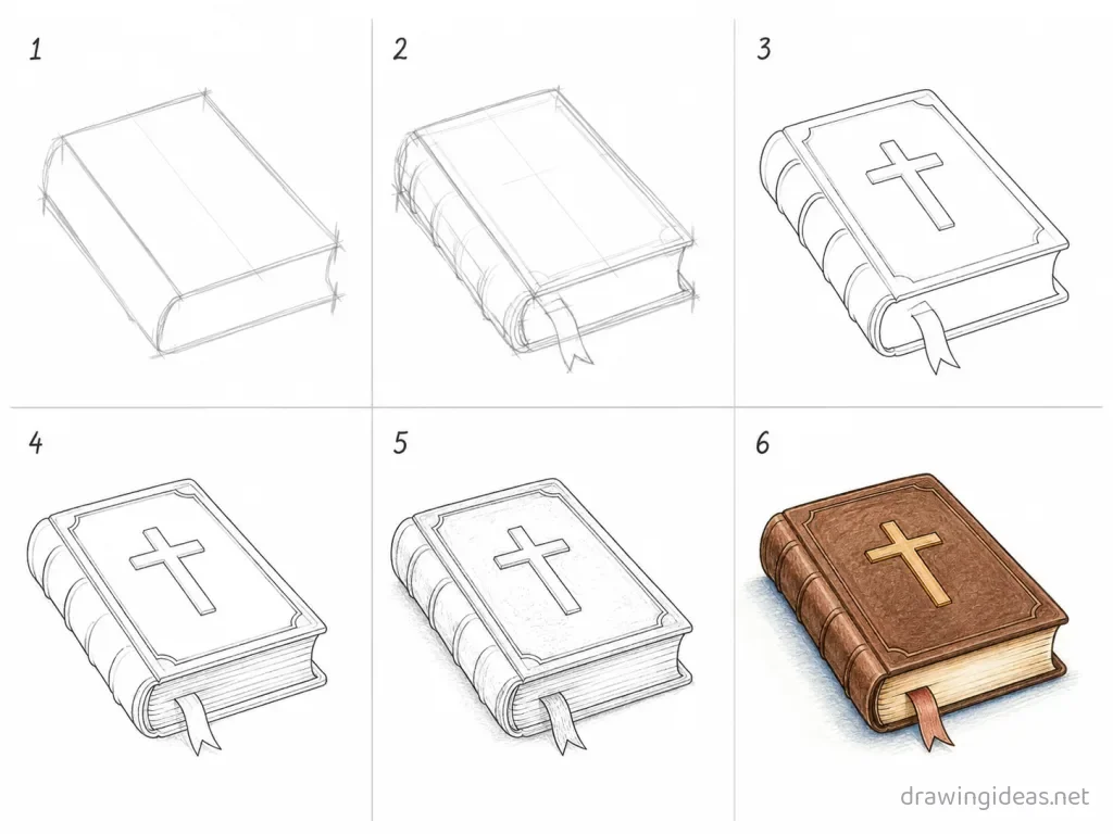 How to draw a bible step by step — 6-step bible drawing tutorial grid
