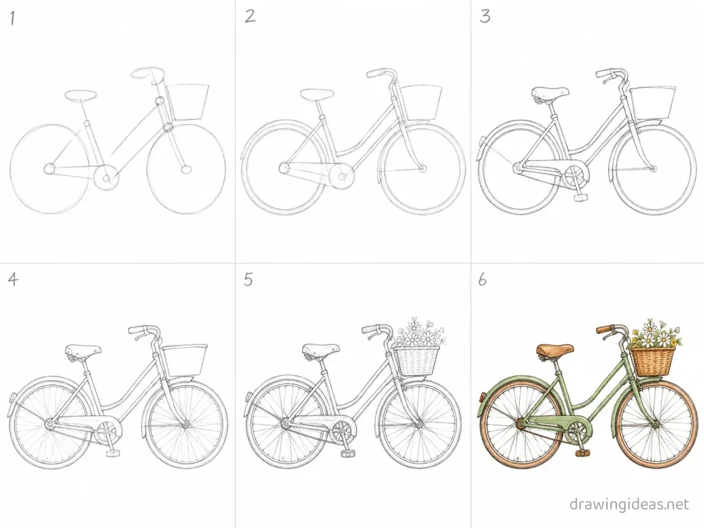 How to draw a bicycle step by step — 6-step bicycle drawing tutorial grid