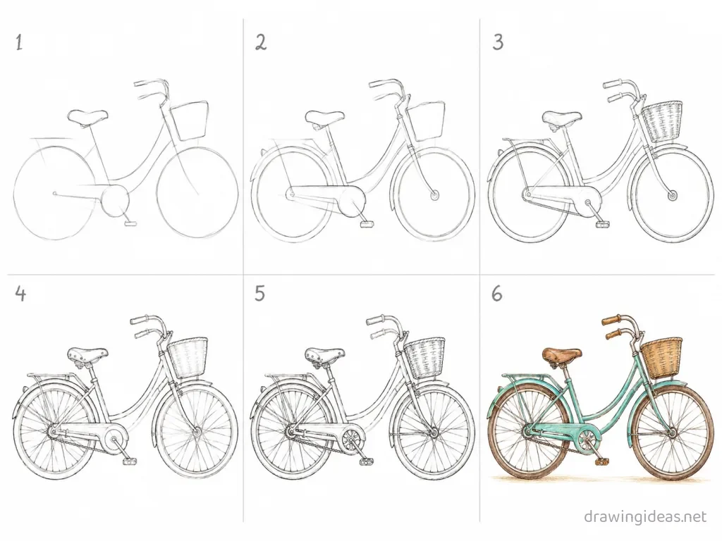 How to draw a bike step by step — 6-step bike drawing tutorial grid