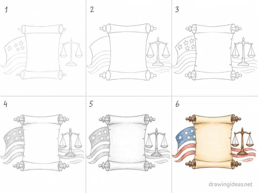 How to draw the Bill of Rights step by step — 6-step Bill of Rights drawing tutorial grid