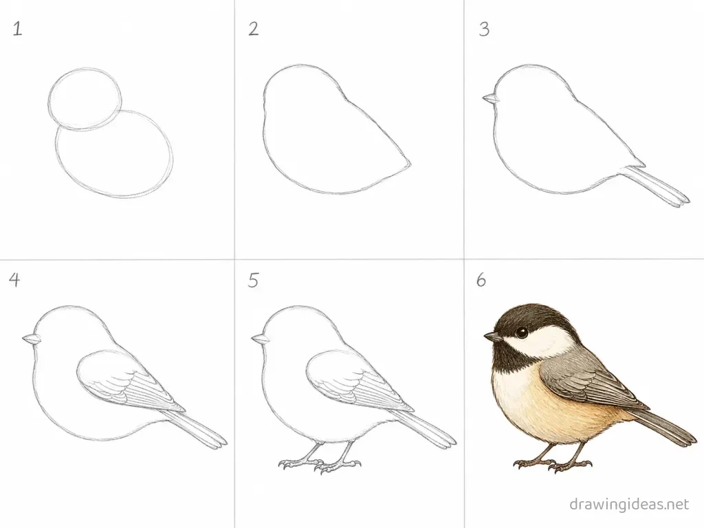 How to draw a bird step by step — 6-step bird drawing tutorial grid