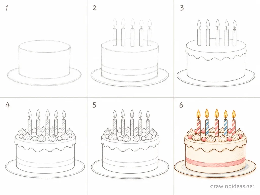 How to draw a birthday step by step — 6-step birthday drawing tutorial grid