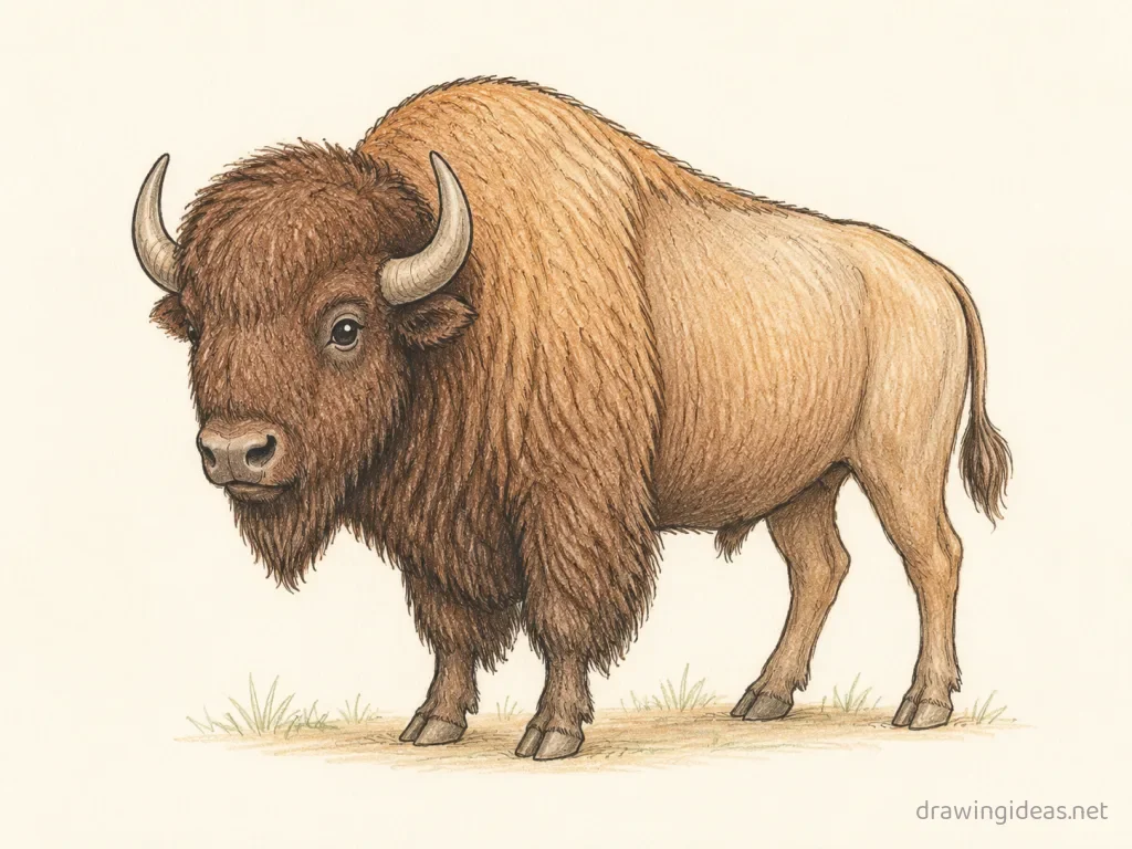 Bison drawing — hand-drawn bison illustration with ink lines and soft colors