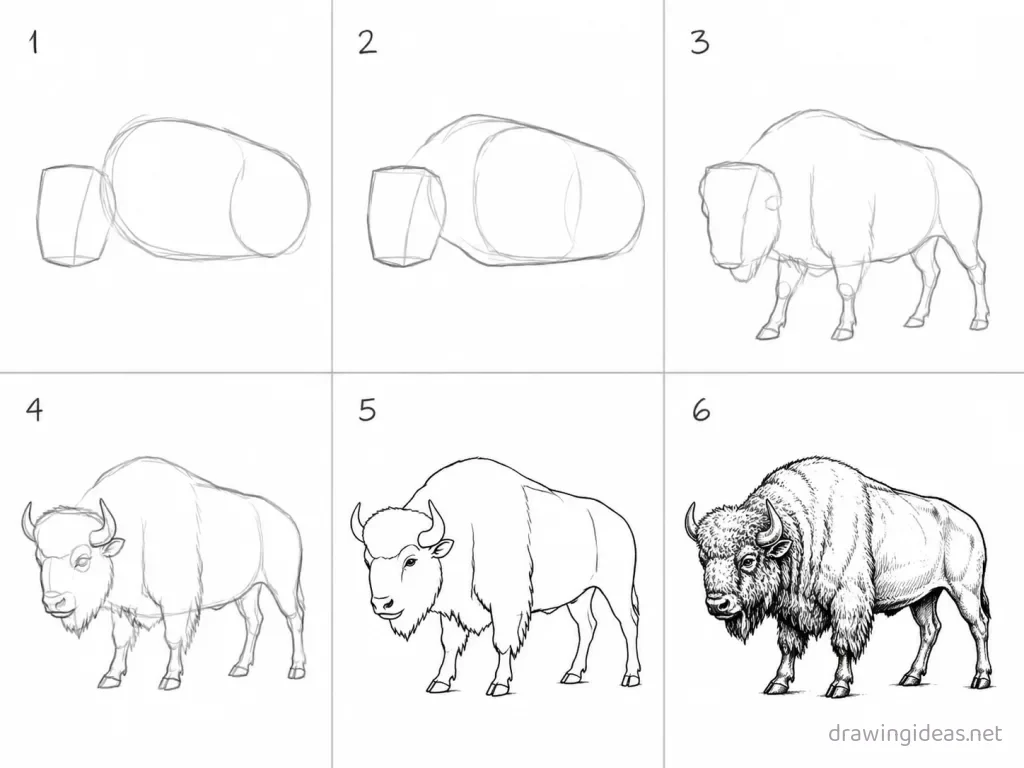 How to draw a bison step by step — 6-step bison drawing tutorial grid