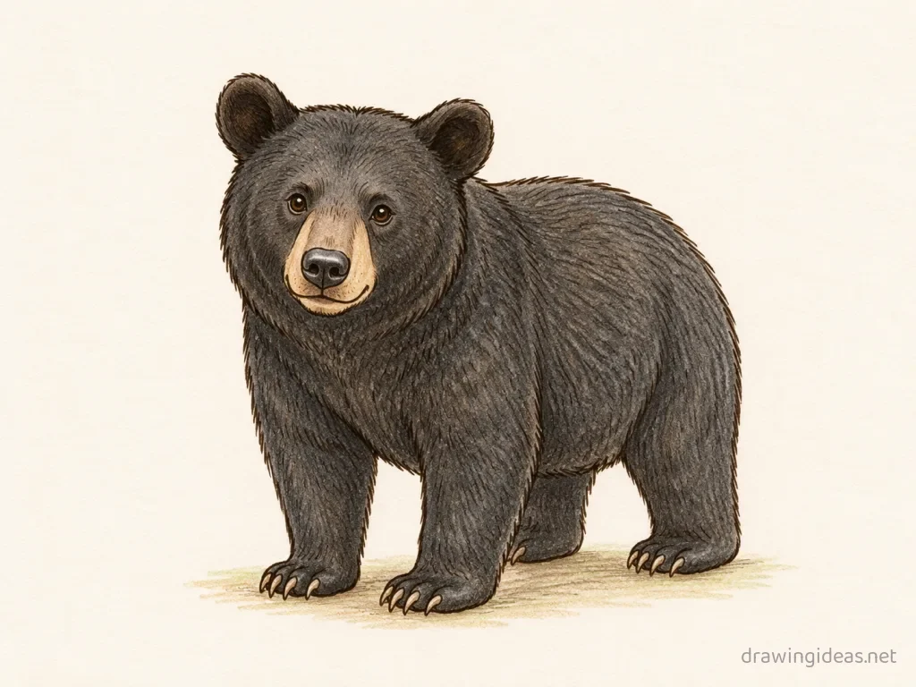 Black Bear drawing — hand-drawn black bear illustration with ink lines and soft colors