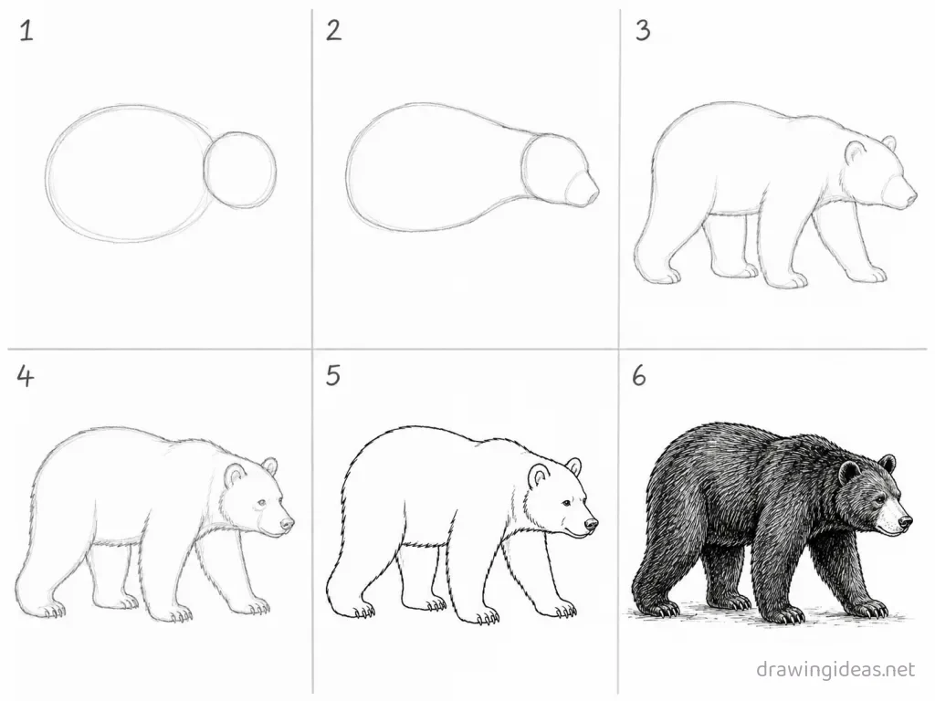 How to draw a black bear step by step — 6-step black bear drawing tutorial grid