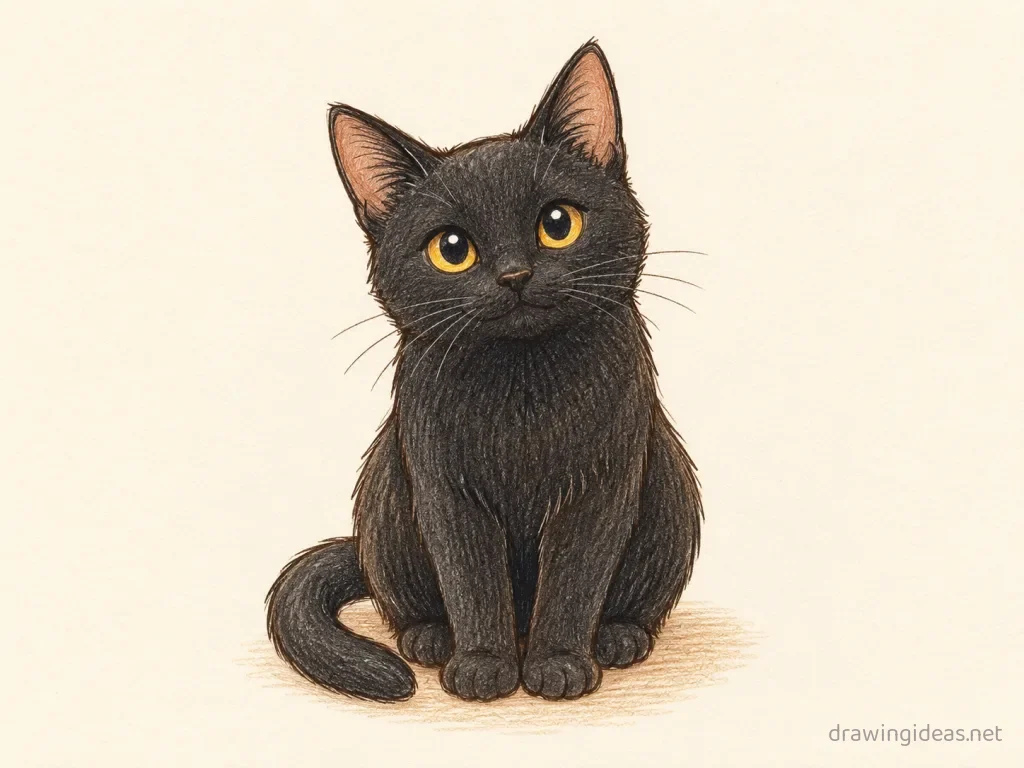 Black Cat drawing — hand-drawn black cat illustration with ink lines and soft colors