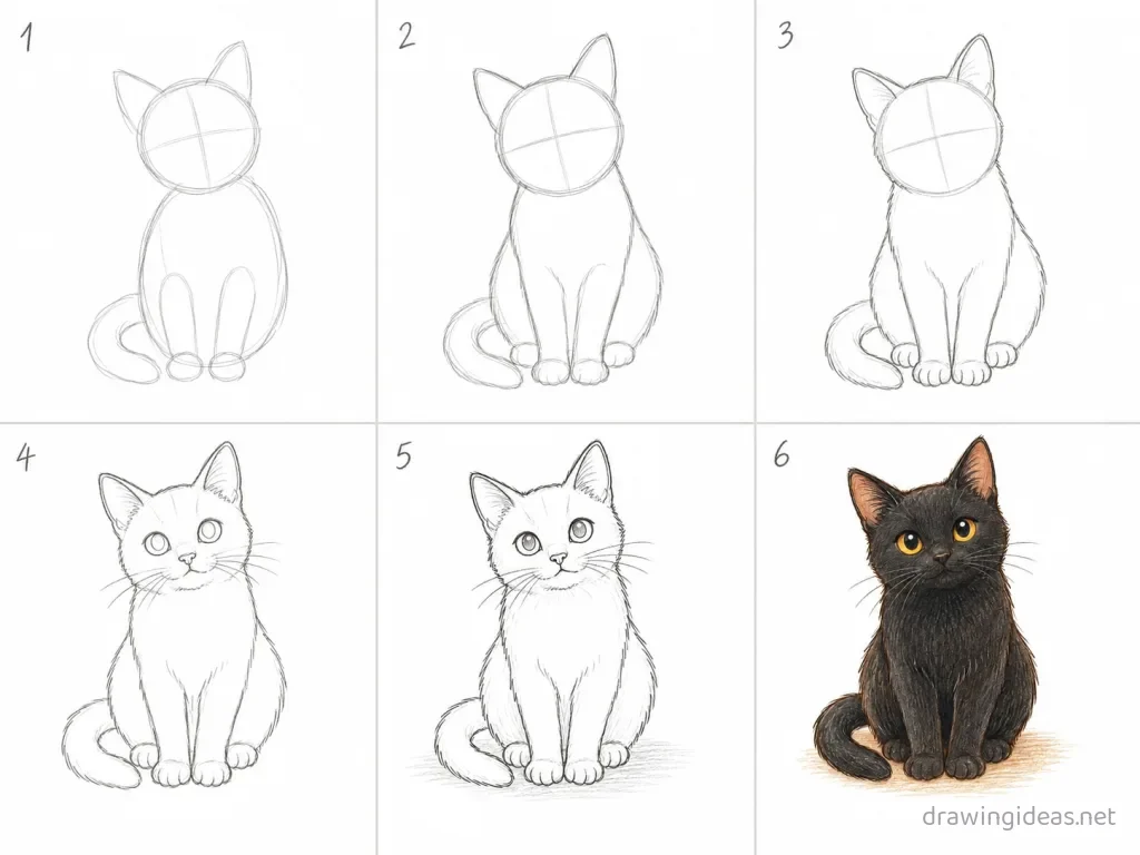 How to draw a black cat step by step — 6-step black cat drawing tutorial grid