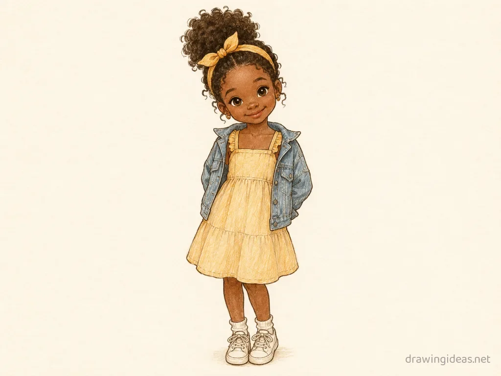 Black Girl drawing — hand-drawn black girl illustration with ink lines and soft colors