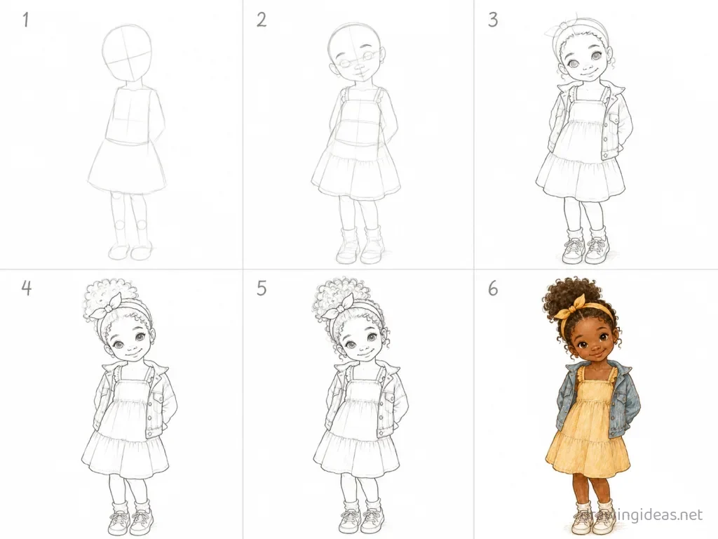How to draw a black girl step by step — 6-step black girl drawing tutorial grid