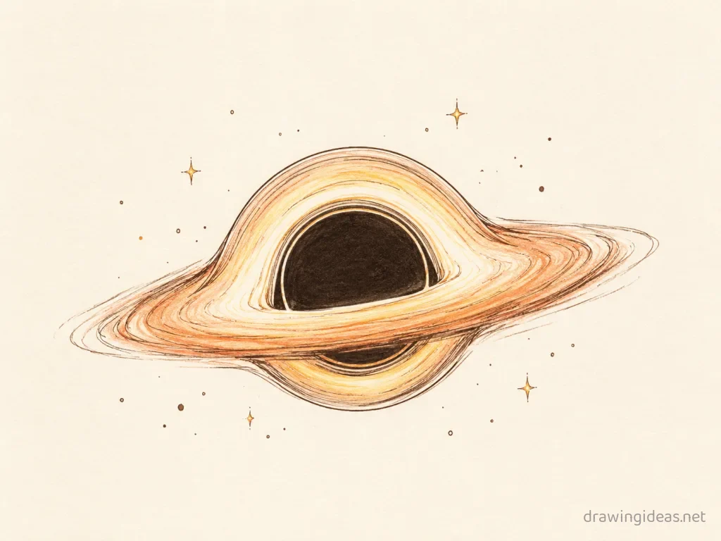 Black Hole drawing — hand-drawn black hole illustration with ink lines and soft colors