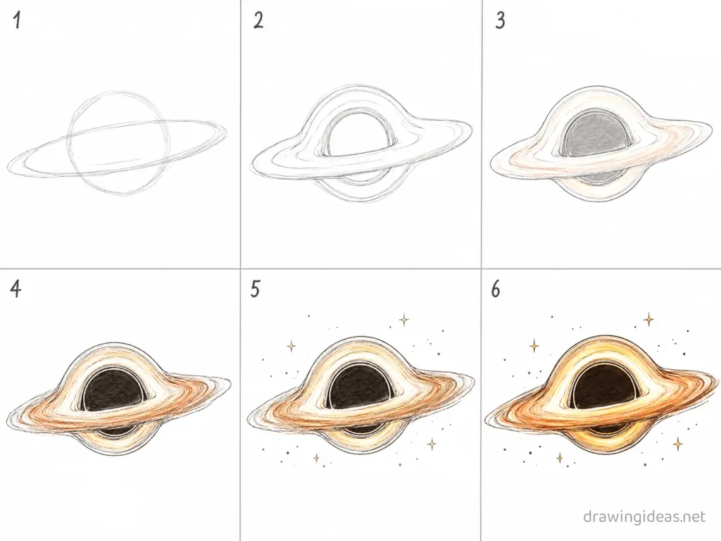 How to draw a black hole step by step — 6-step black hole drawing tutorial grid