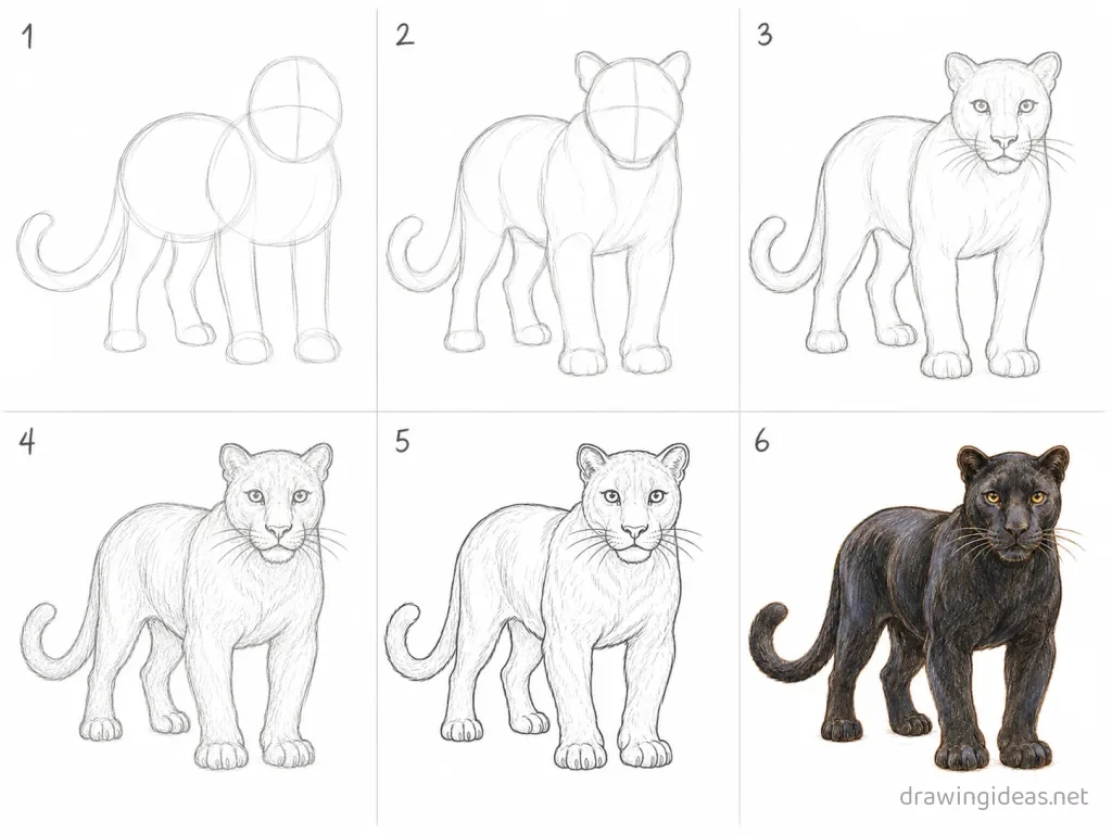 How to draw Black Panther step by step — 6-step Black Panther drawing tutorial grid