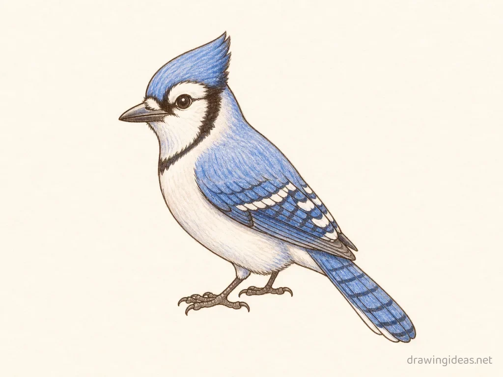 Blue Jay drawing — hand-drawn blue jay illustration with ink lines and soft colors