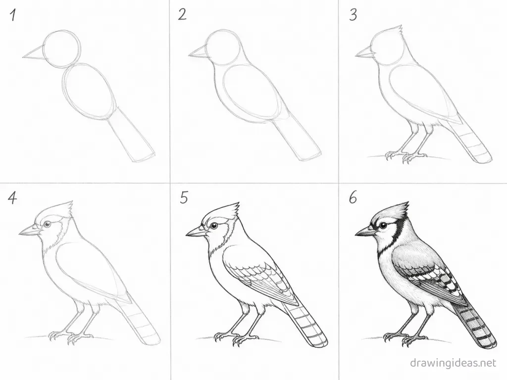 How to draw a blue jay step by step — 6-step blue jay drawing tutorial grid
