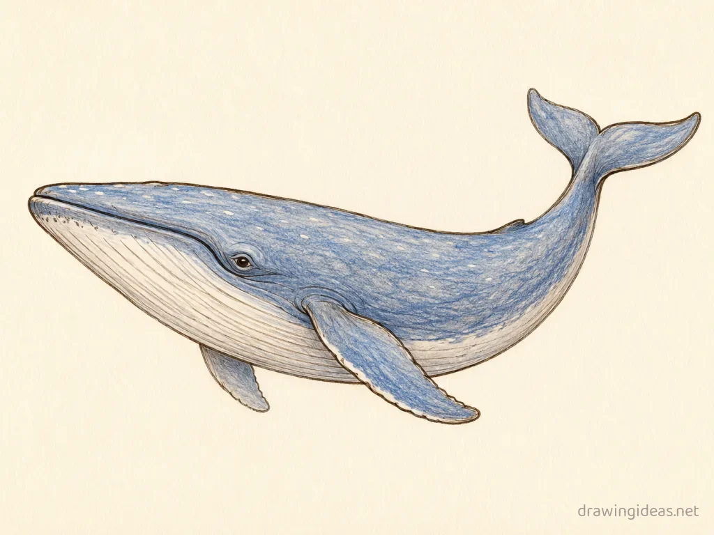 Blue Whale drawing — hand-drawn blue whale illustration with ink lines and soft colors