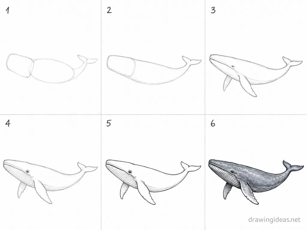 How to draw a blue whale step by step — 6-step blue whale drawing tutorial grid