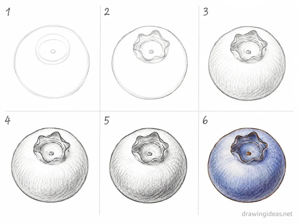 How to draw a blueberry step by step — 6-step blueberry drawing tutorial grid
