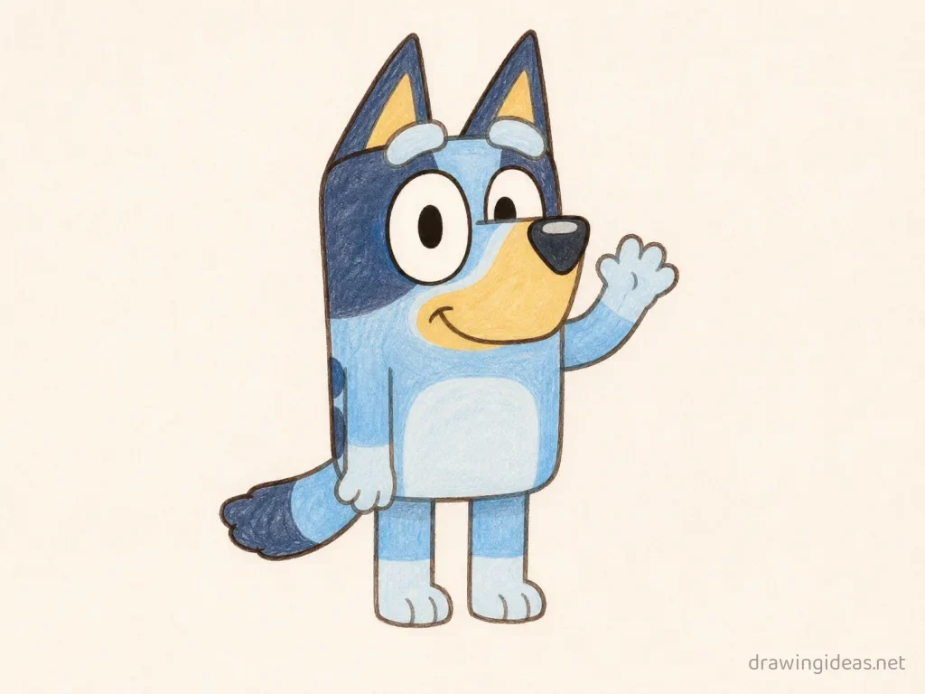 Bluey drawing — hand-drawn Bluey illustration with ink lines and soft colors