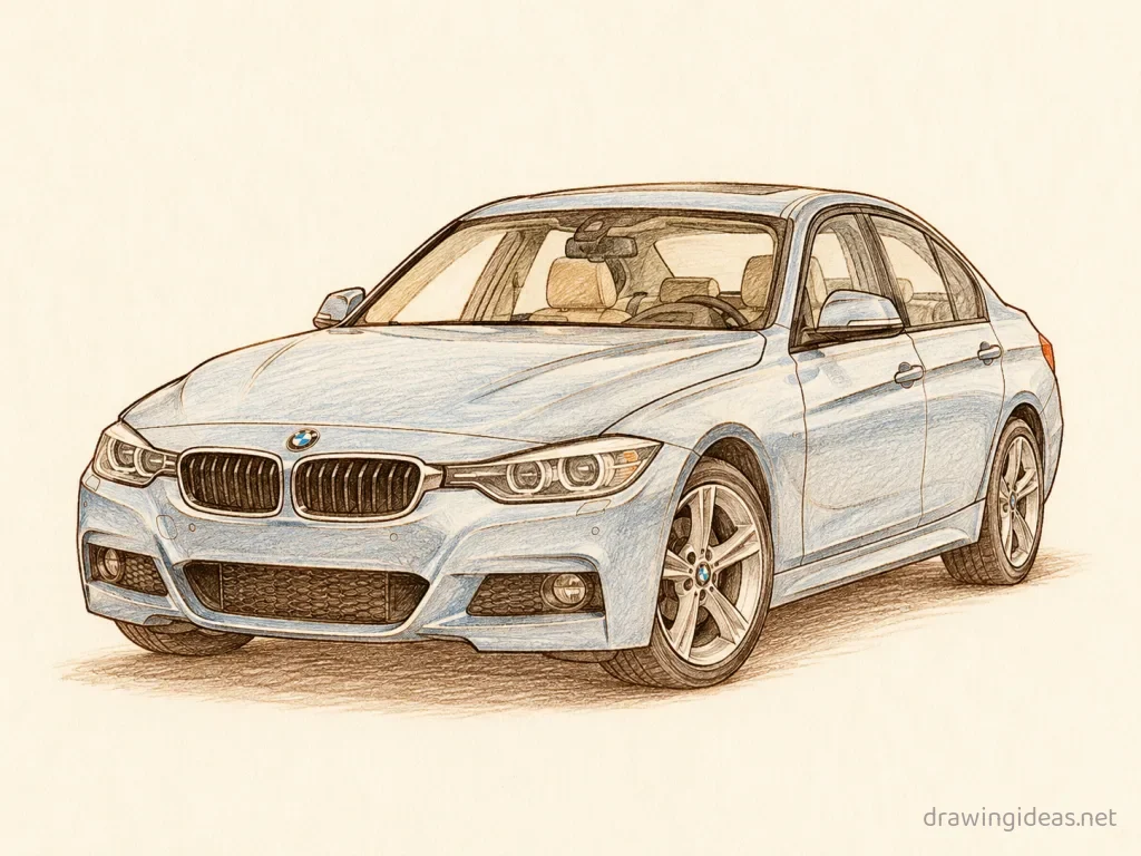 Bmw drawing ā hand-drawn bmw illustration with ink lines and soft colors