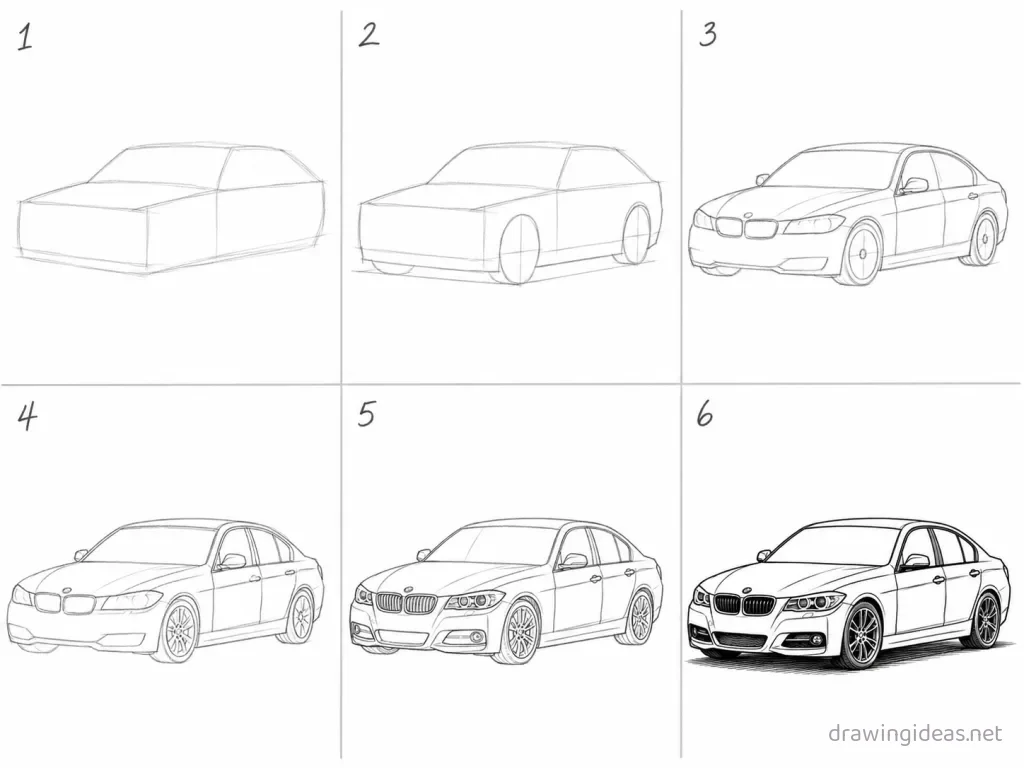How to draw a bmw step by step — 6-step bmw drawing tutorial grid
